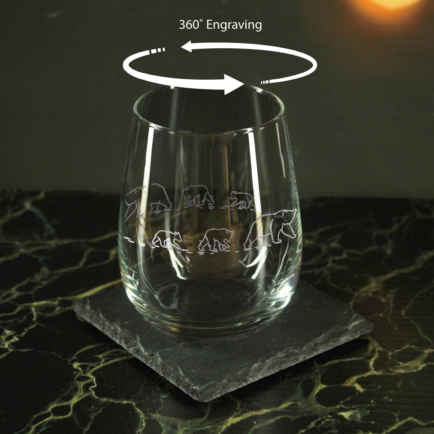 Engraved Bear Pattern Set of 4 Gaia Stemless Wine 12oz Glasses