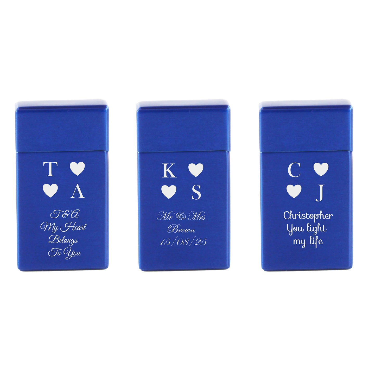 Engraved Jet Gas Lighter Blue Heart Initials Gift Boxed