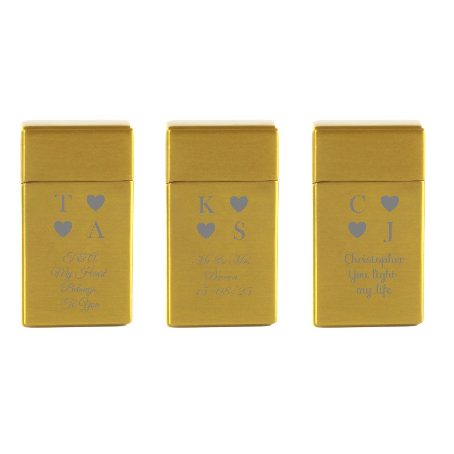 Engraved Jet Gas Lighter Gold Heart Initials Gift Boxed