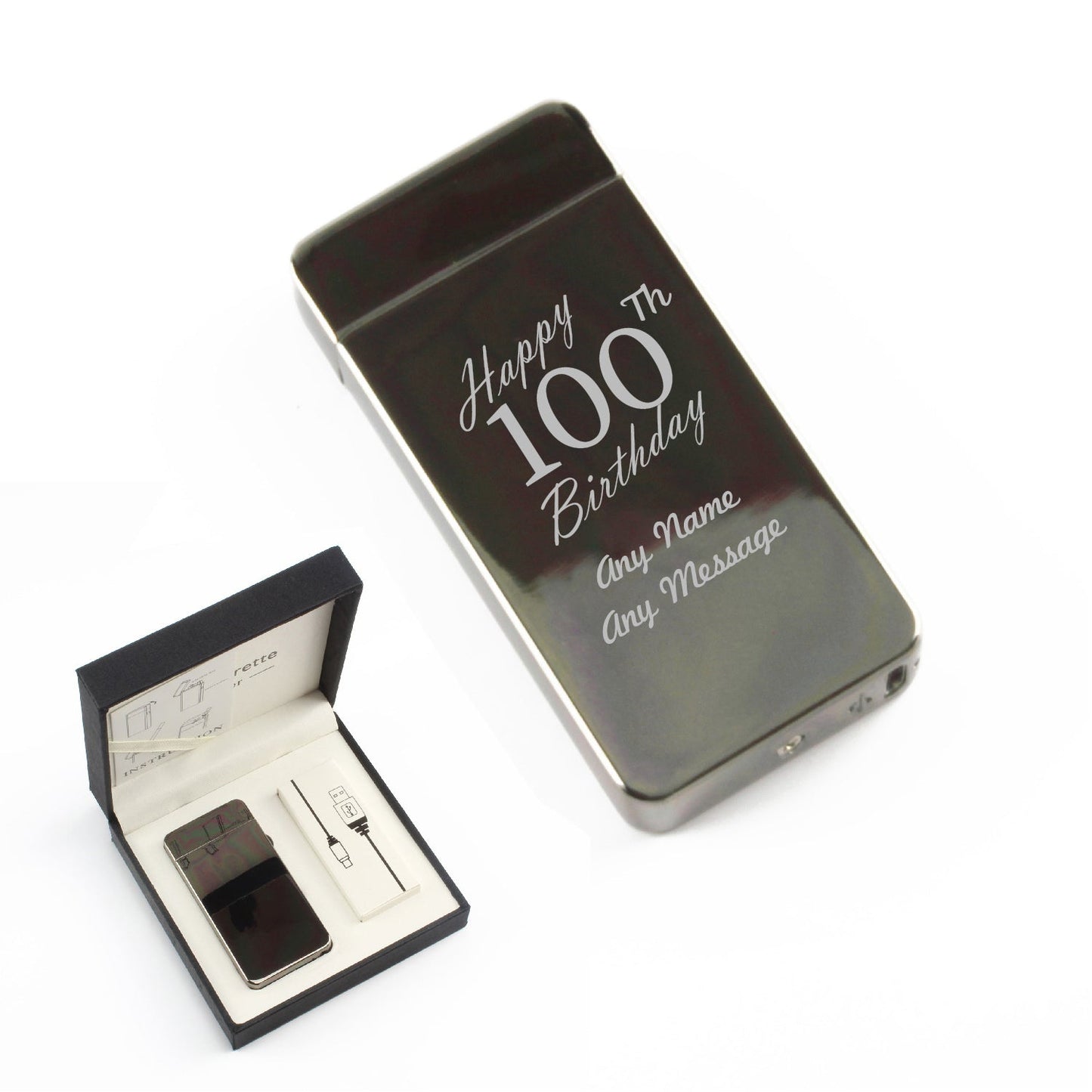 Engraved Electric Arc Lighter, Black, Happy 100th Birthday, Gift Boxed