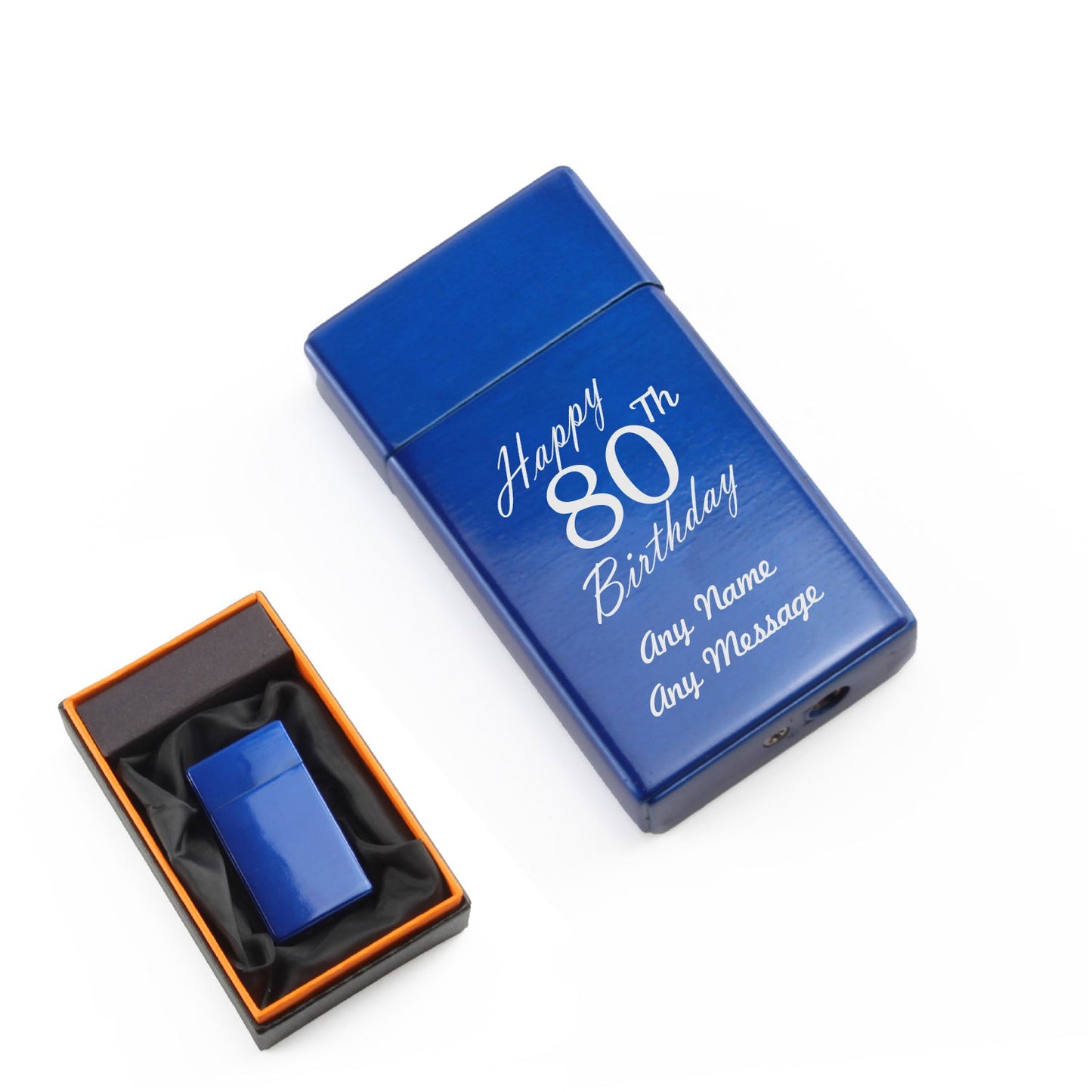 Engraved Jet Gas Lighter Blue Happy 80th Birthday Gift Boxed