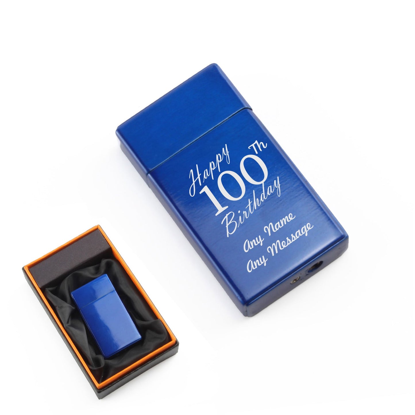 Engraved Jet Gas Lighter Blue Happy 100th Birthday Gift Boxed