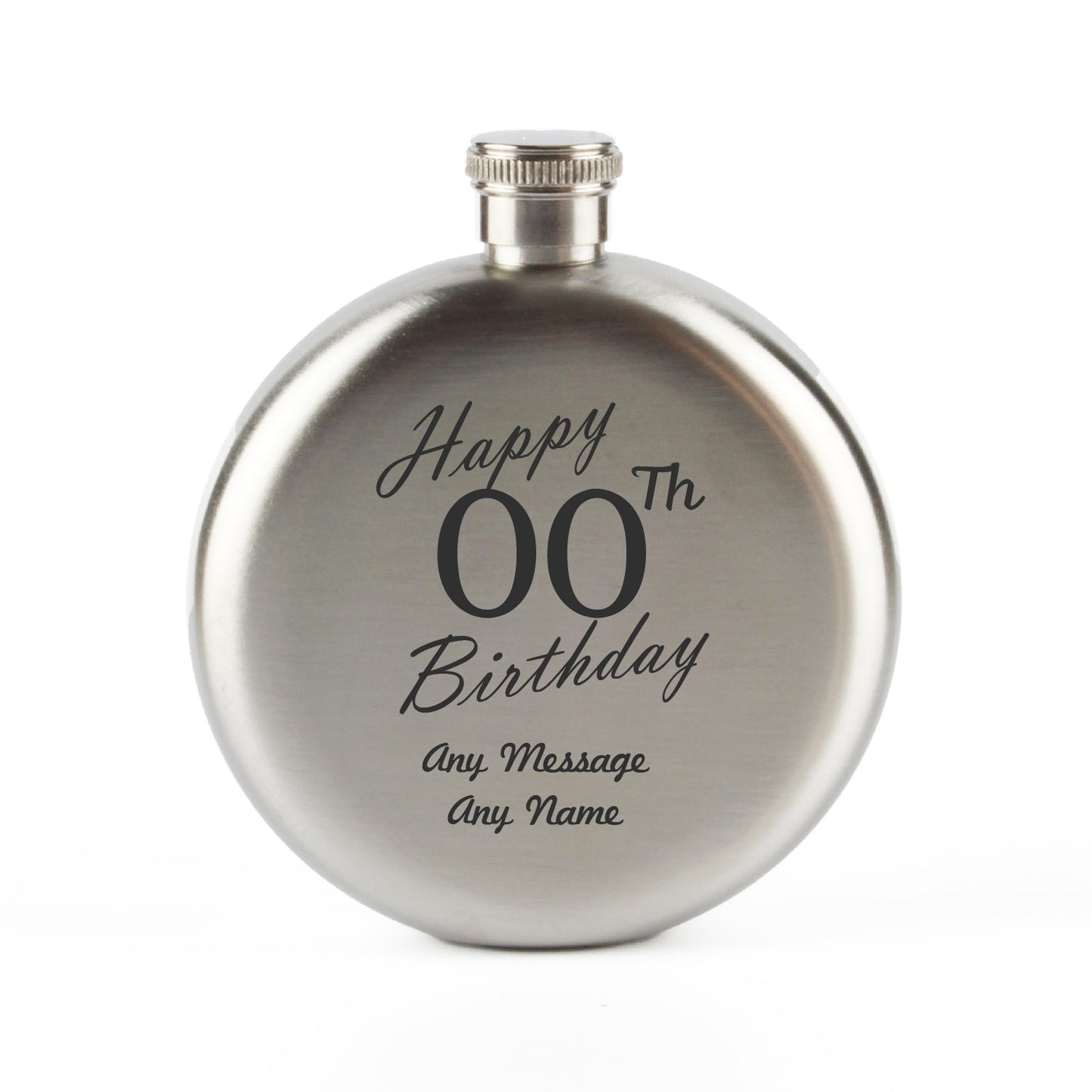 Engraved 5oz Round Steel Hip Flask Happy Custom Number Birthday