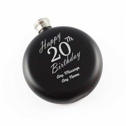 Engraved 5oz Round Black Hip Flask Happy 20th Birthday