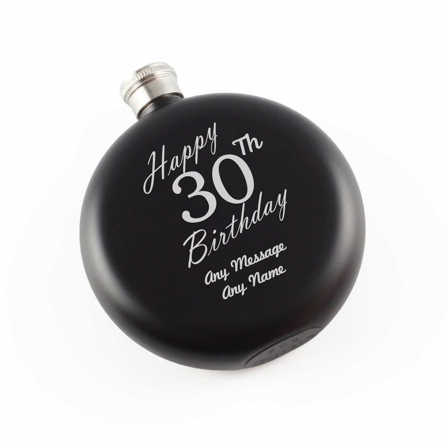 Engraved 5oz Round Black Hip Flask Happy 30th Birthday