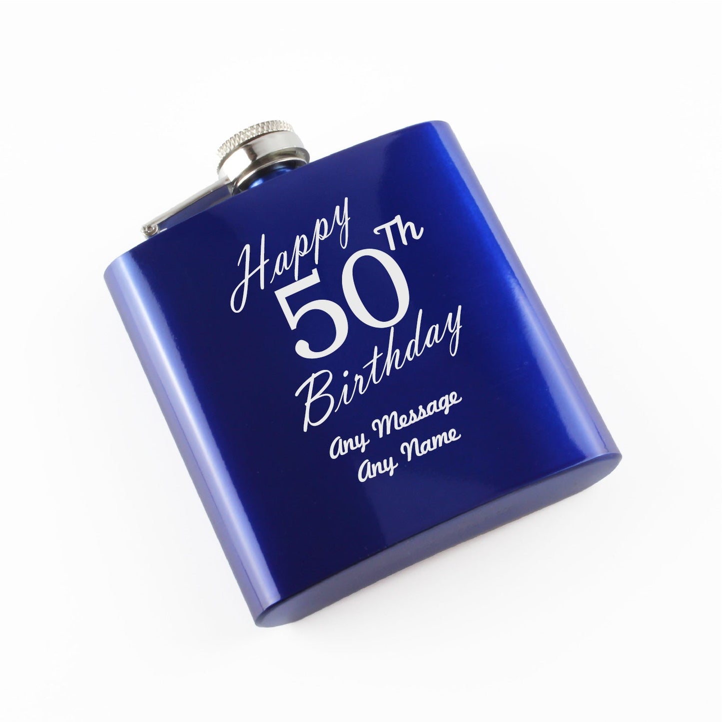 Engraved 6oz Blue Steel Hip Flask Happy 50th Birthday