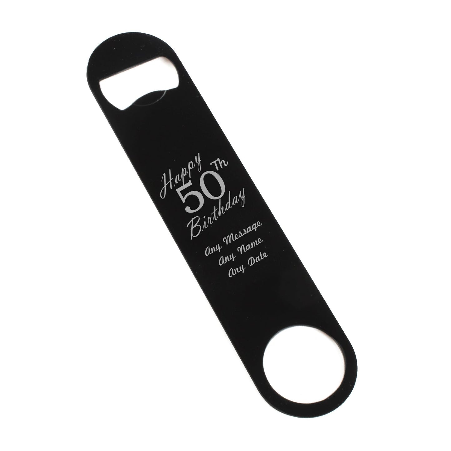 Engraved Large Black Steel Bar Blade Bottle Opener Happy 50th Birthday