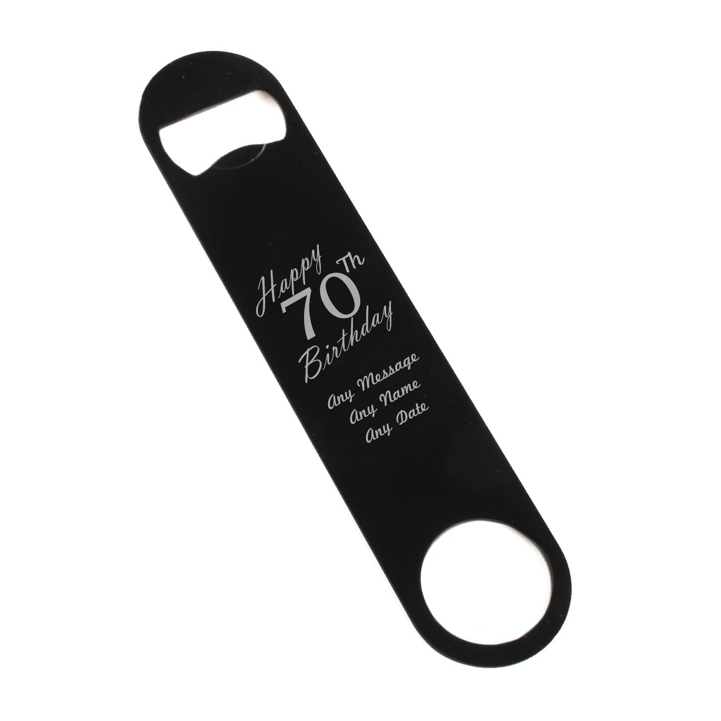 Engraved Large Black Steel Bar Blade Bottle Opener Happy 70th Birthday