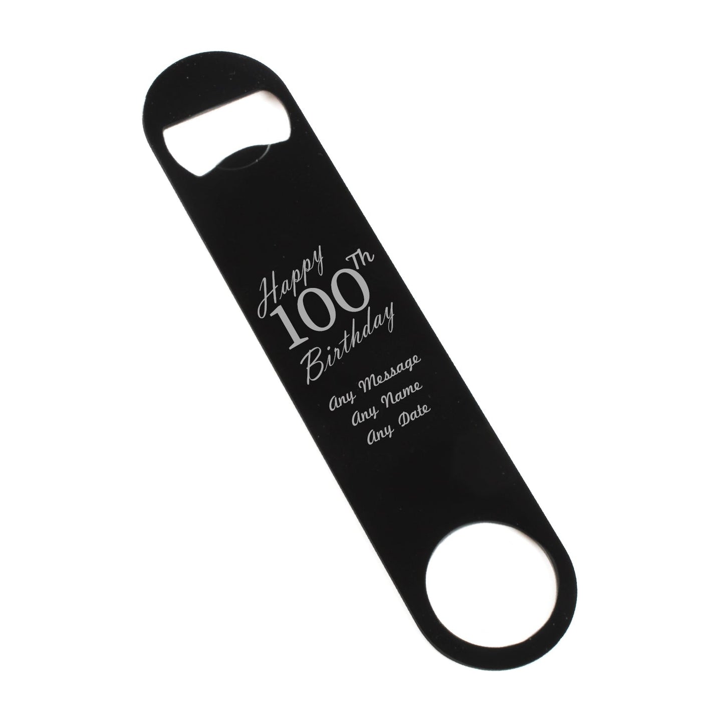 Engraved Large Black Steel Bar Blade Bottle Opener Happy 100th Birthday