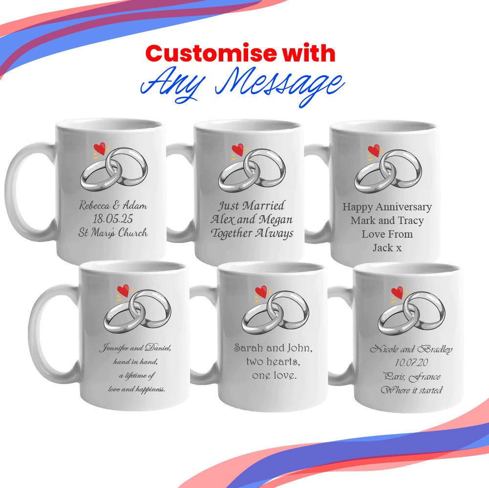 Wedding Mug Set, Any Message, Wedding Rings, 11oz/312ml Mugs