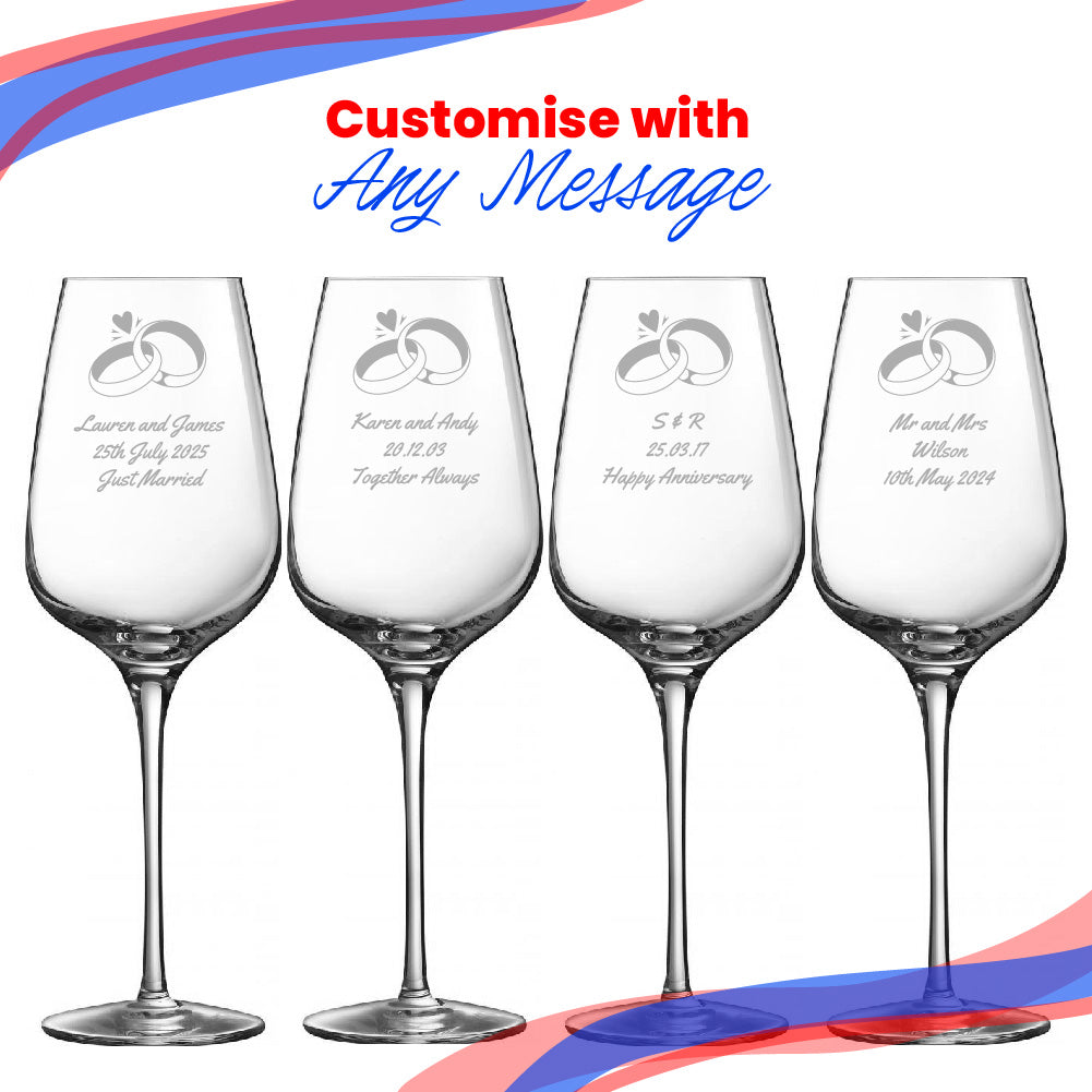 Engraved Set of Sublym Wine Glasses, Wedding Rings, 15.8oz/450ml