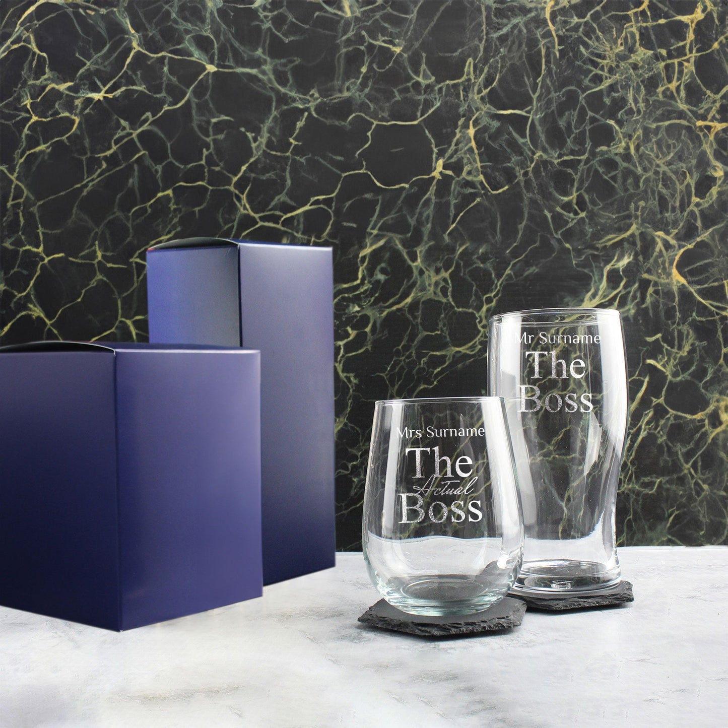 Engraved His and Hers Beer and Stemless Wine Set, The Actual Boss