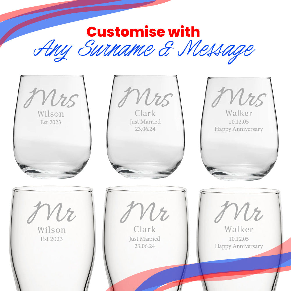Engraved Mr and Mrs Beer and Stemless Wine Set, Elegant Font