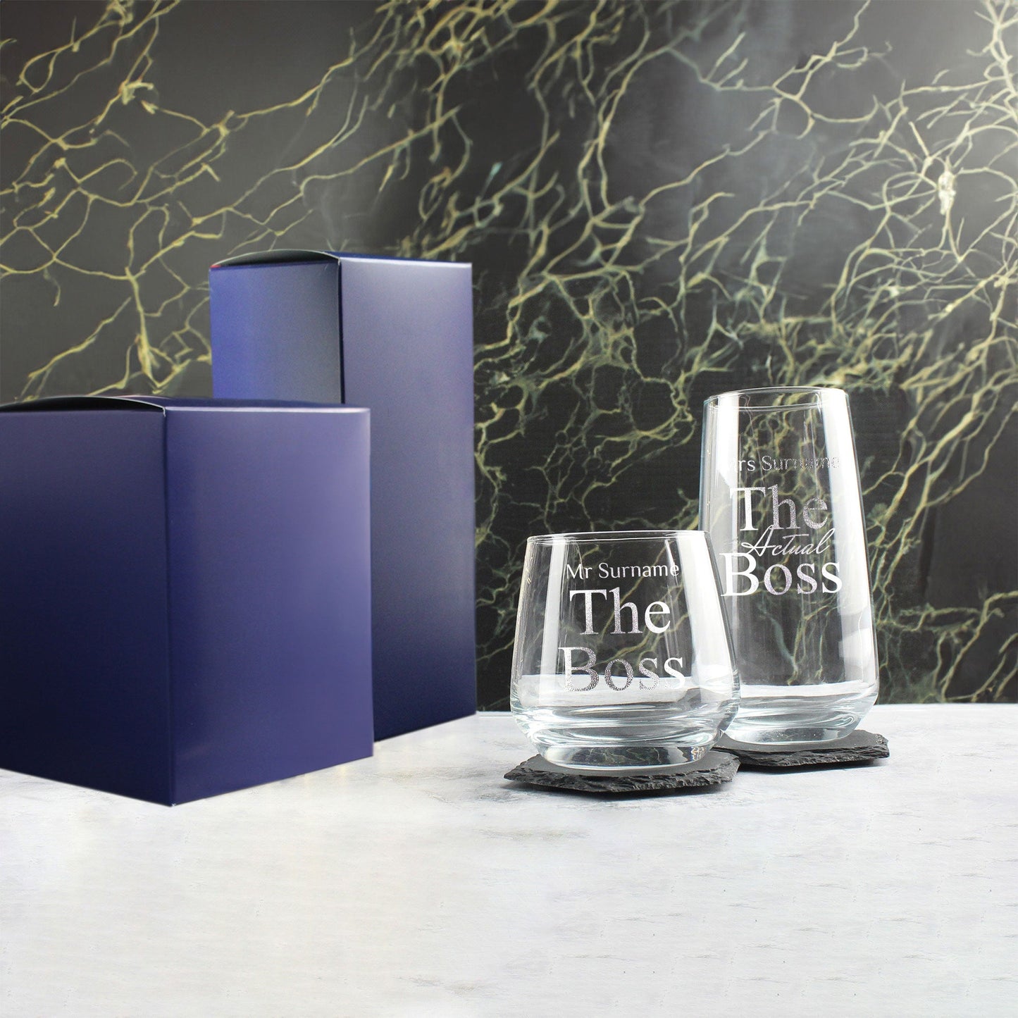 Engraved His and Hers Whisky and Cocktail Set, The Actual Boss