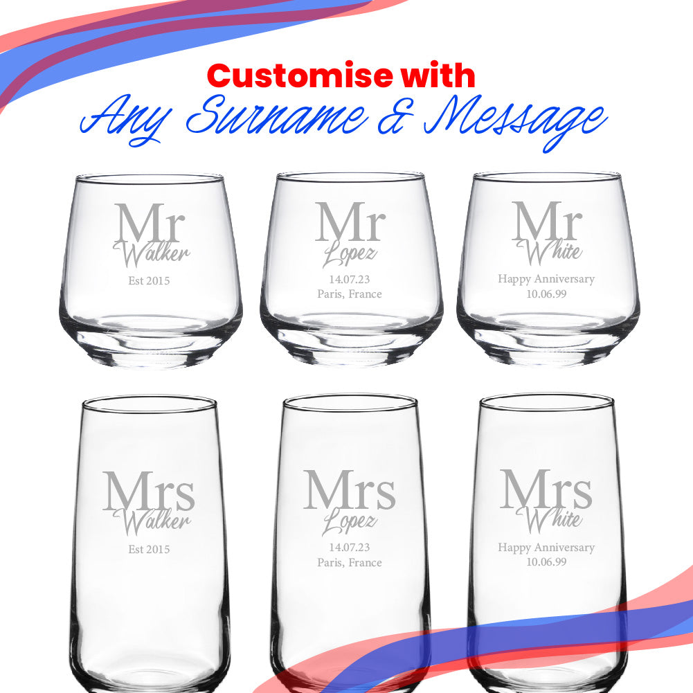 Engraved Mr and Mrs Whisky and Cocktail Set, Classic Font