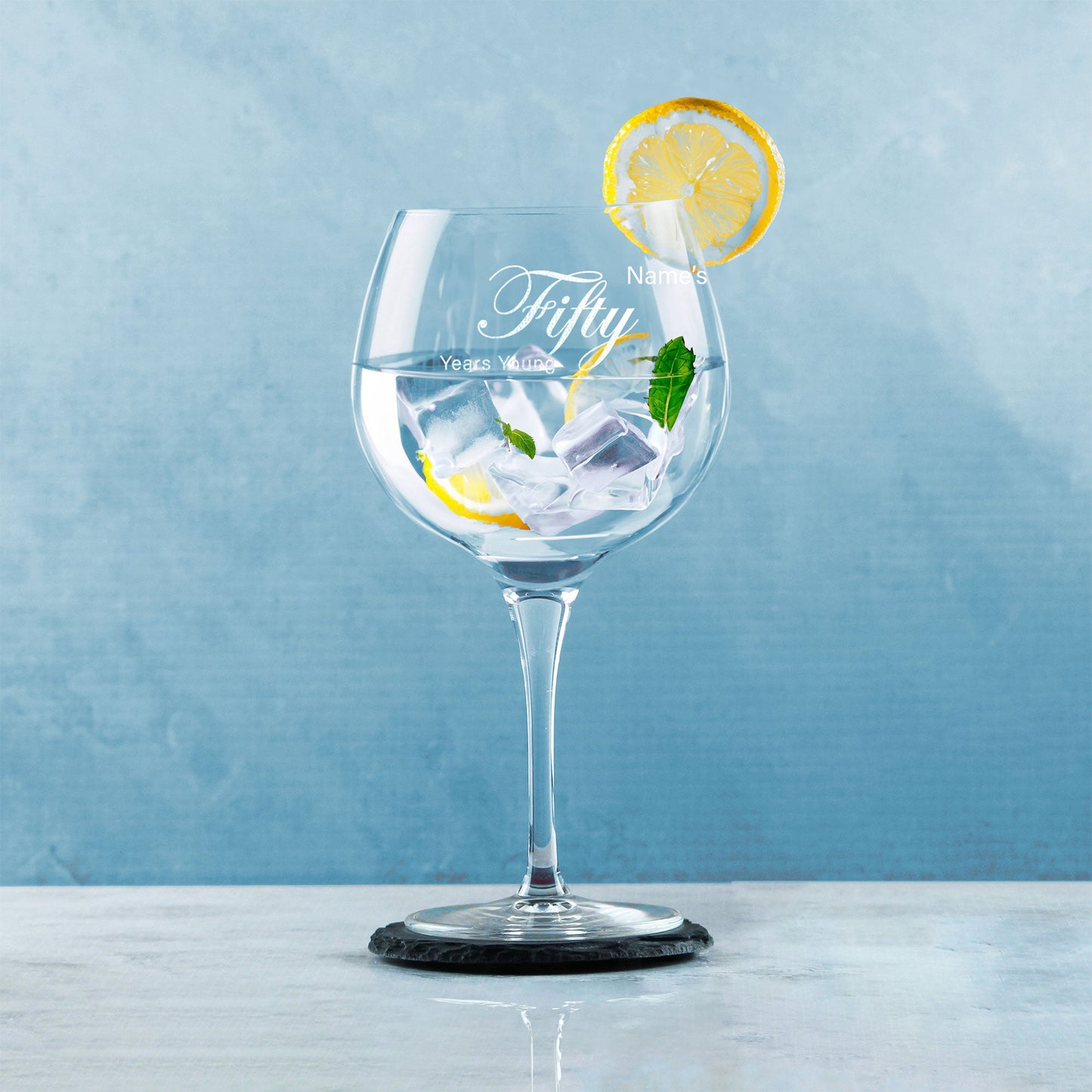 Engraved 50th Birthday Primeur Gin Glass Years Young Curly Font