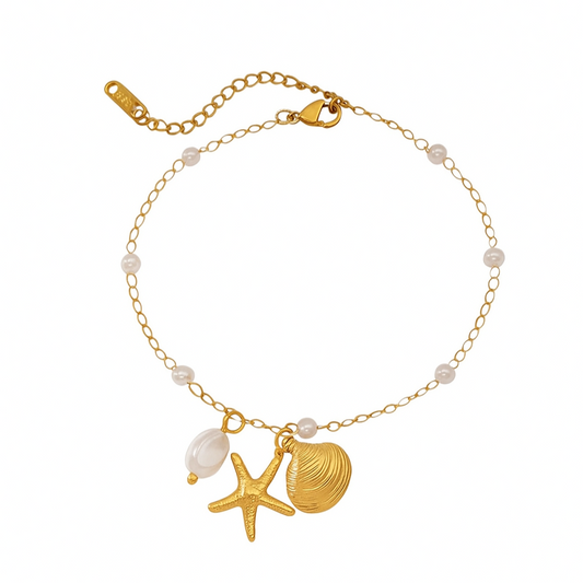 Ocean Luxe 18k Gold Plated Pearl Anklet with Starfish & Shell Charms