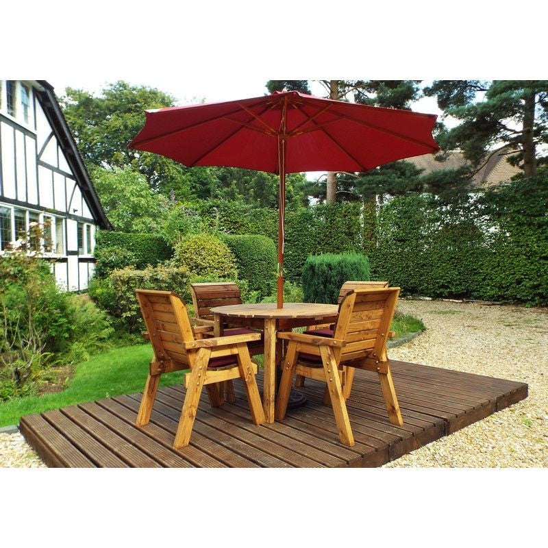 Scandinavian Redwood Garden Patio Dining Set by Charles Taylor - 4 Seat Burgundy Cushions