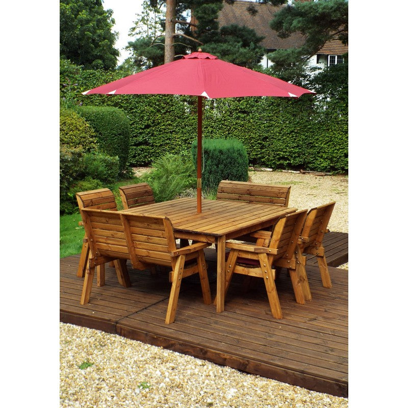 Scandinavian Redwood Garden Patio Dining Set by Charles Taylor - 8 Seat Burgundy Cushions