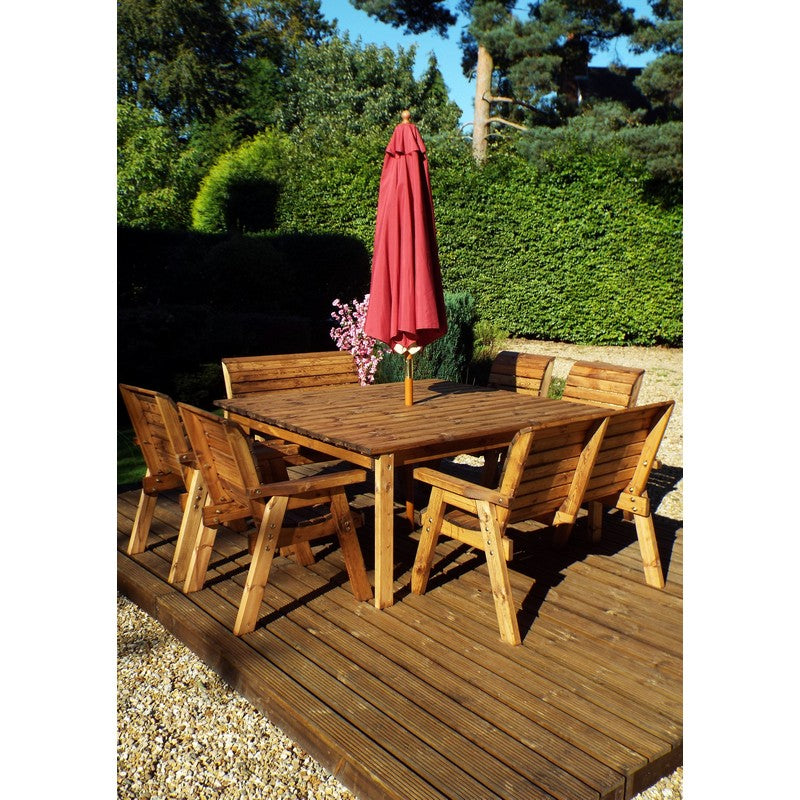 Scandinavian Redwood Garden Patio Dining Set by Charles Taylor - 8 Seat Burgundy Cushions