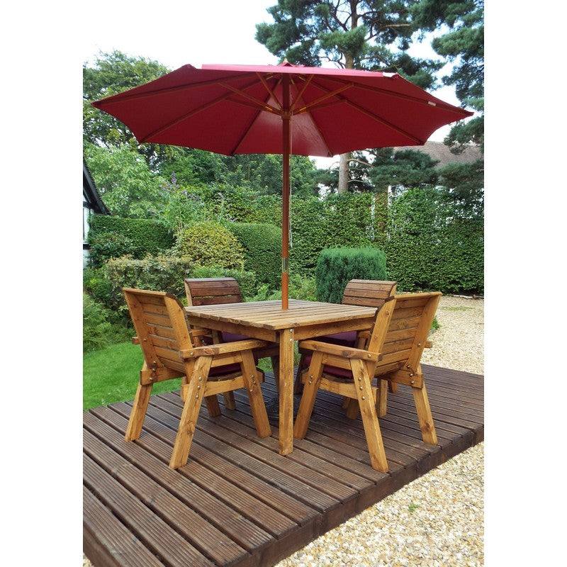 Scandinavian Redwood Garden Patio Dining Set by Charles Taylor - 4 Seat Burgundy Cushions