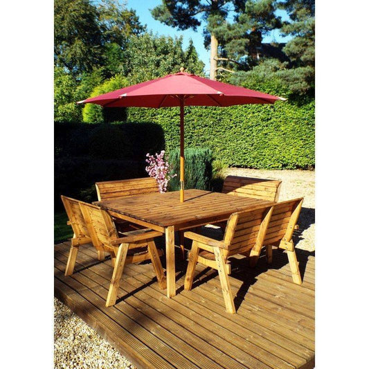 Scandinavian Redwood Garden Patio Dining Set by Charles Taylor - 8 Seat Burgundy Cushions
