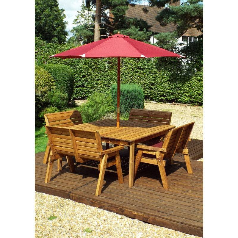 Scandinavian Redwood Garden Patio Dining Set by Charles Taylor - 8 Seat Burgundy Cushions