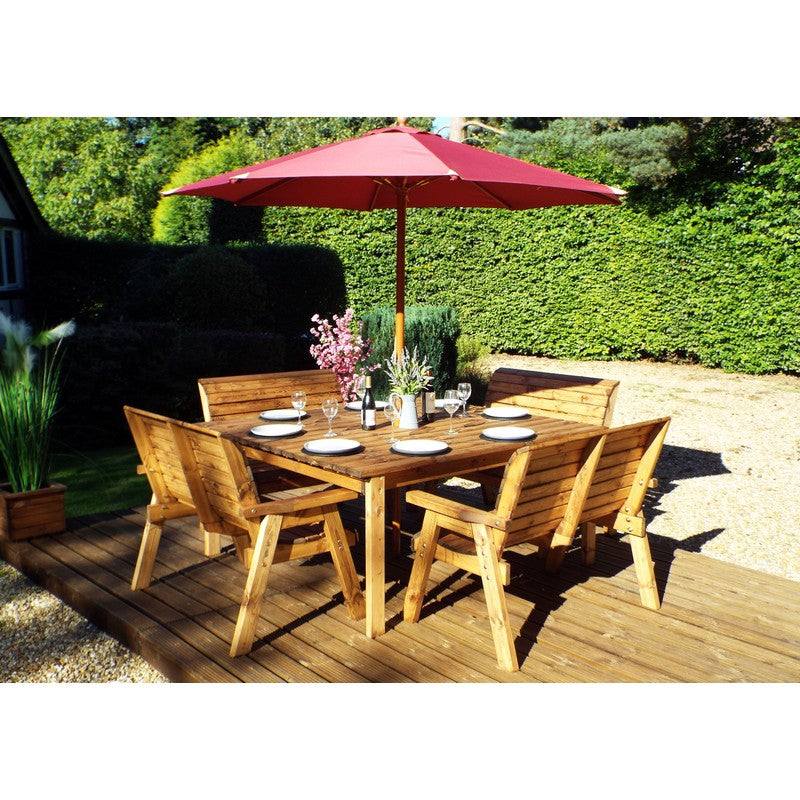 Scandinavian Redwood Garden Patio Dining Set by Charles Taylor - 8 Seat Burgundy Cushions