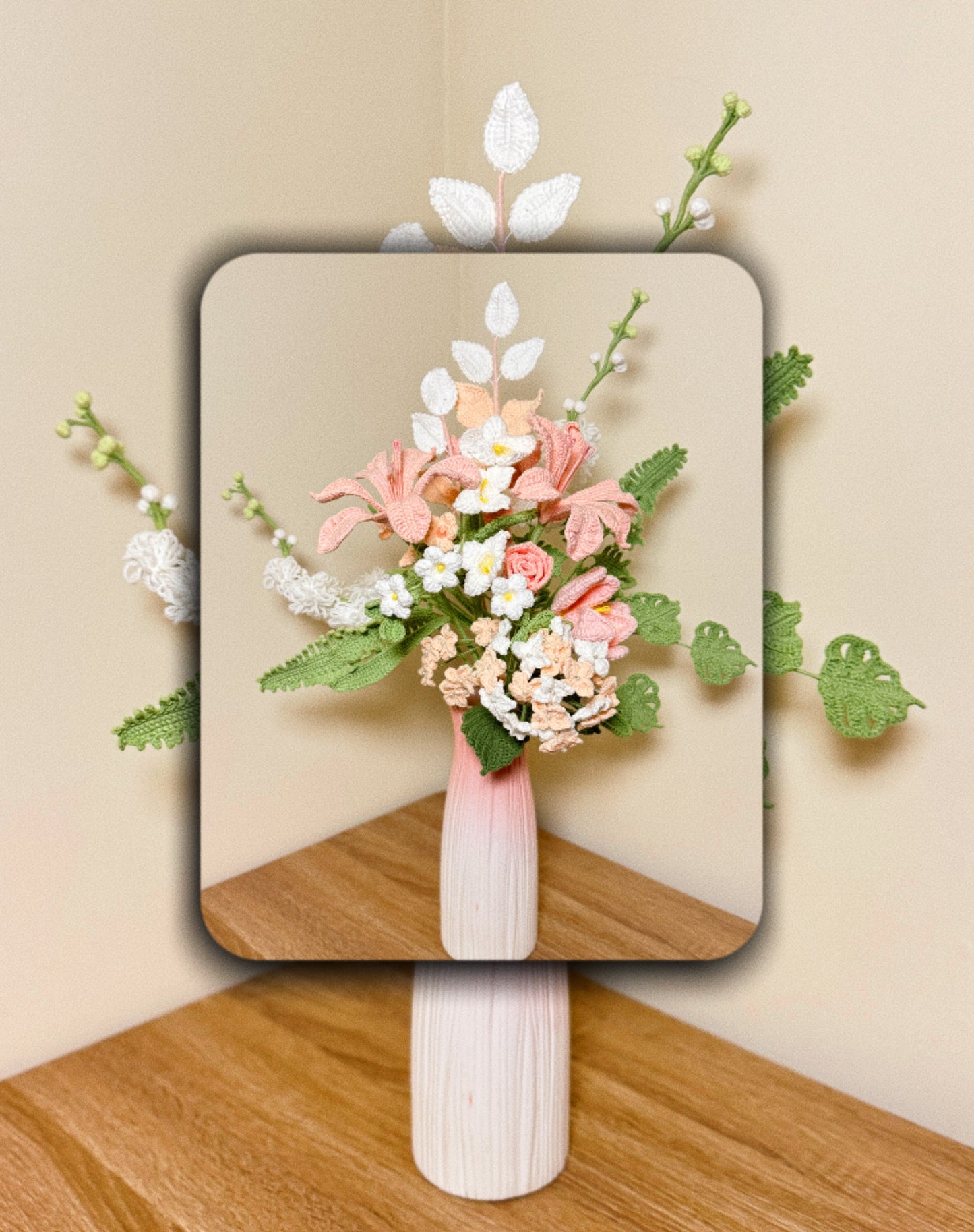 Handmade Crochet Blush Spring Garden Bouquet – Elegant Pink & White Floral Arrangement