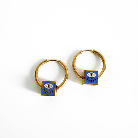 Jameela Luxe 18k Gold Plated Cobalt Evil Eye Charm Hoop Earrings