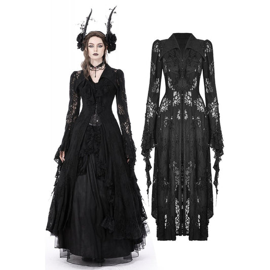 Dark In Love Livvy Lace Coat - Women's Gothic Jacket with Pointed Collar and Ruffles