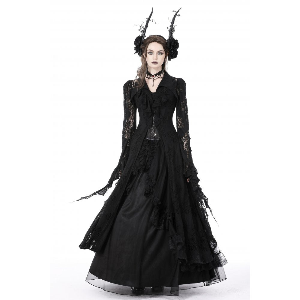 Dark In Love Livvy Lace Coat - Women's Gothic Jacket with Pointed Collar and Ruffles