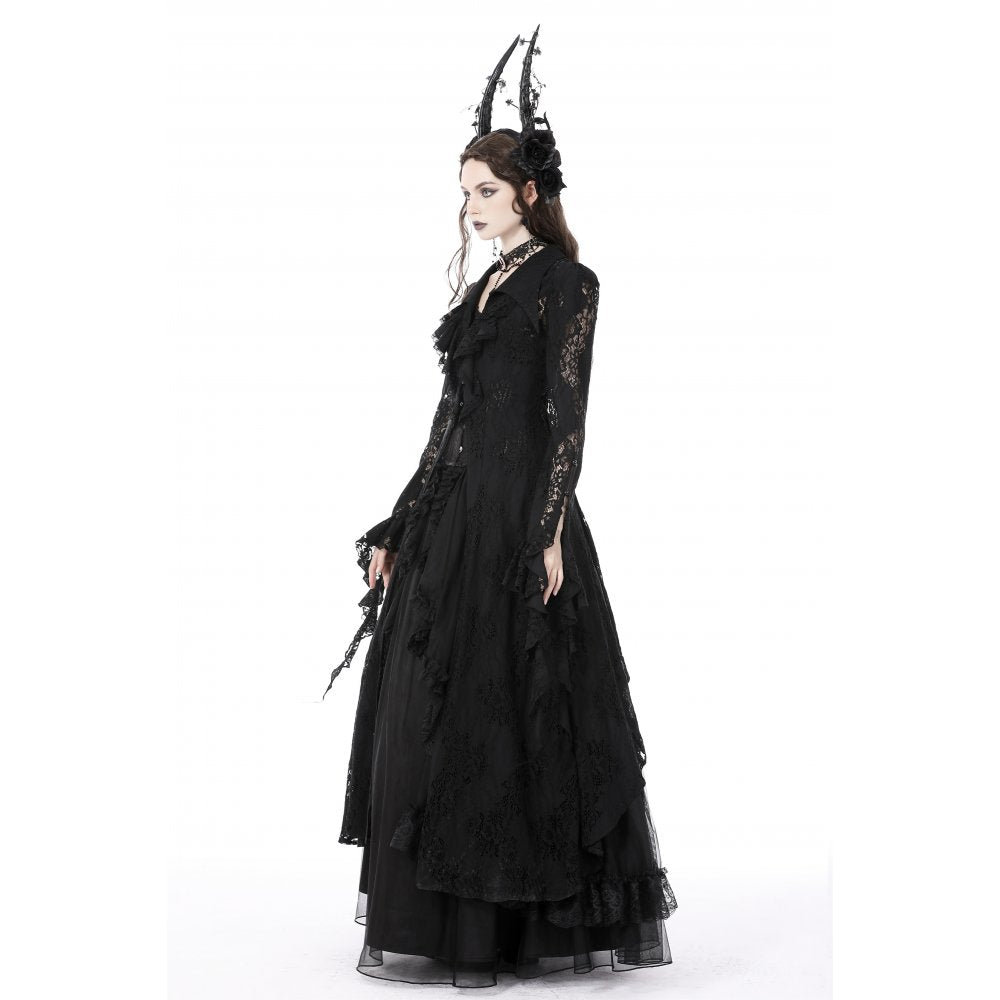 Dark In Love Livvy Lace Coat - Women's Gothic Jacket with Pointed Collar and Ruffles