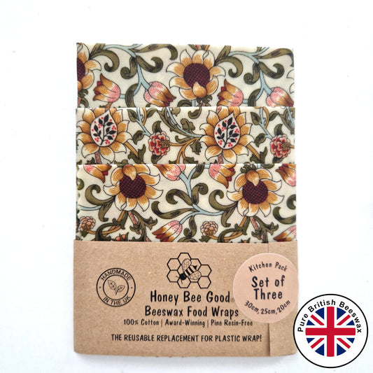 *British Beeswax Set of 3 Handmade Beeswax Wraps | William Morris Evenlode Natural