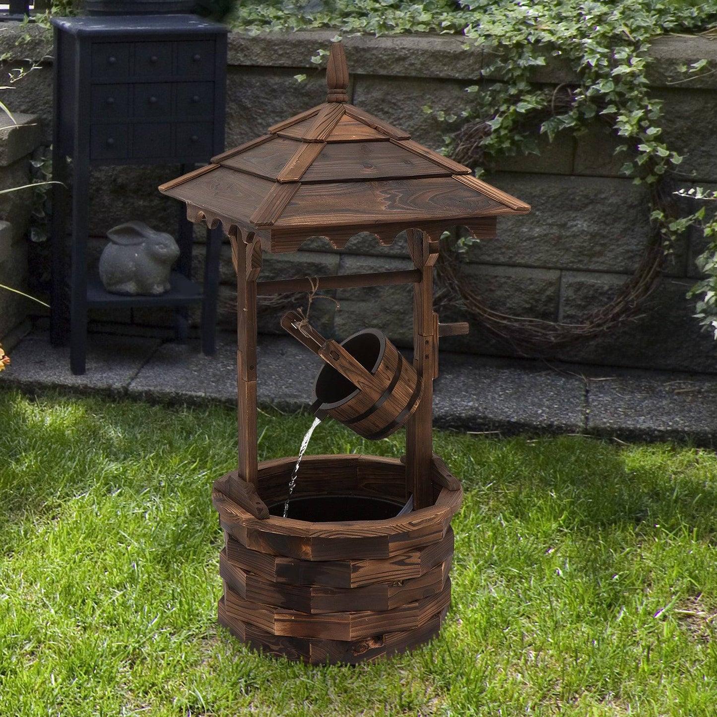 Outsunny Wooden Garden Wishing Well Fountain Barrel Waterfall Rustic Wood With Pump Garden Décor Ornament