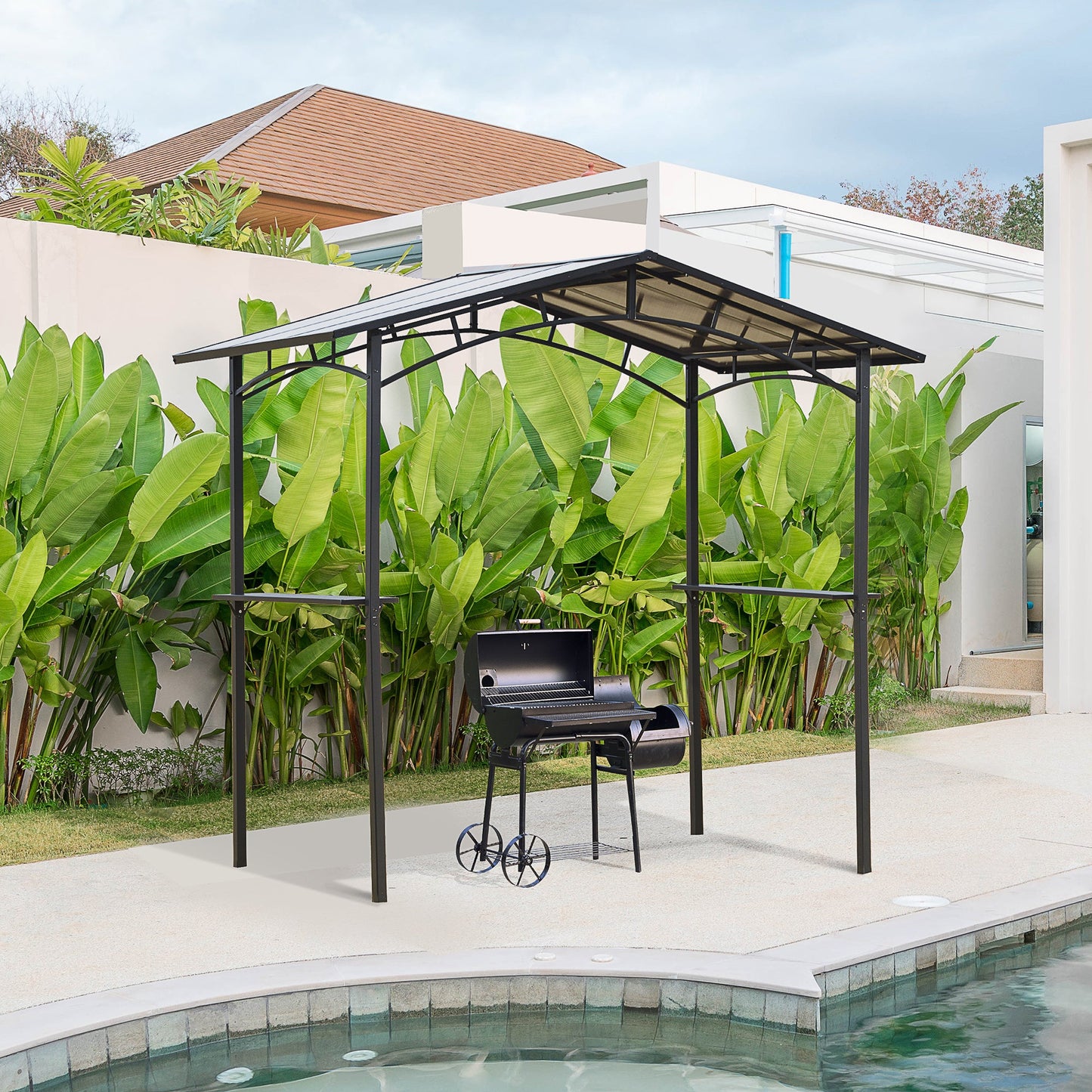 2.5 x 1.5m Outdoor Grill BBQ Gazebo Canopy with Side Shelves PC Roof Aluminium