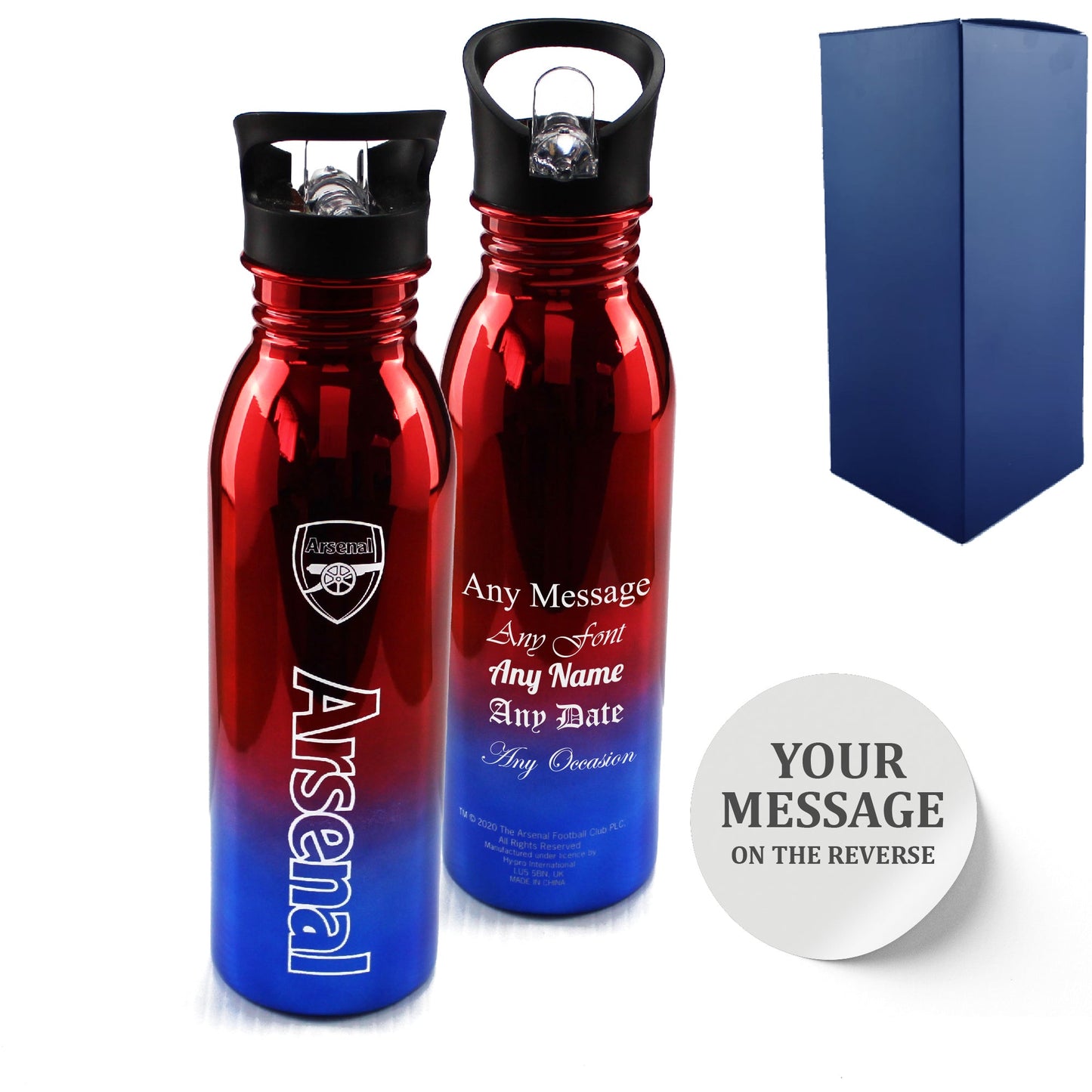 Official Printed Arsenal Metallic Water Bottle, Personalise Any Message, Gift Boxed