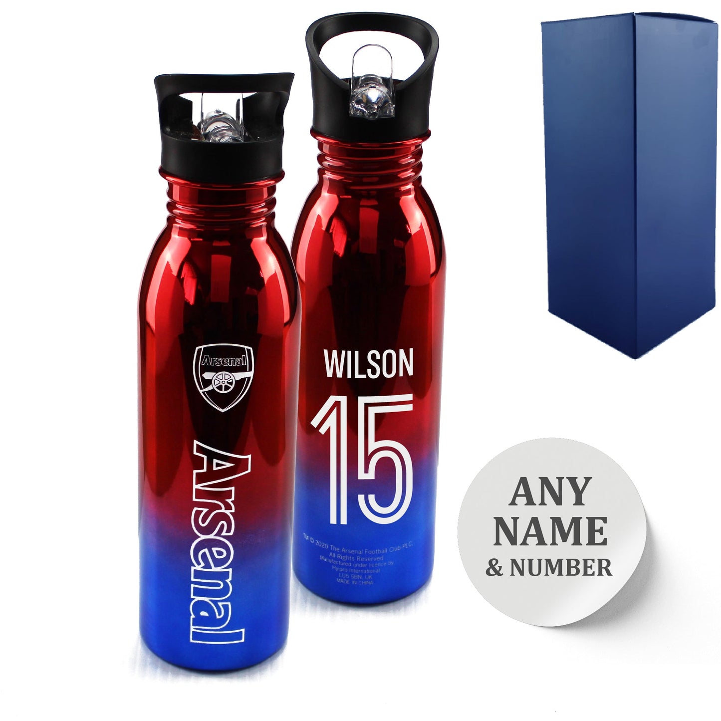 Official Printed Arsenal Metallic Water Bottle, Personalise Name and Number, Gift Boxed