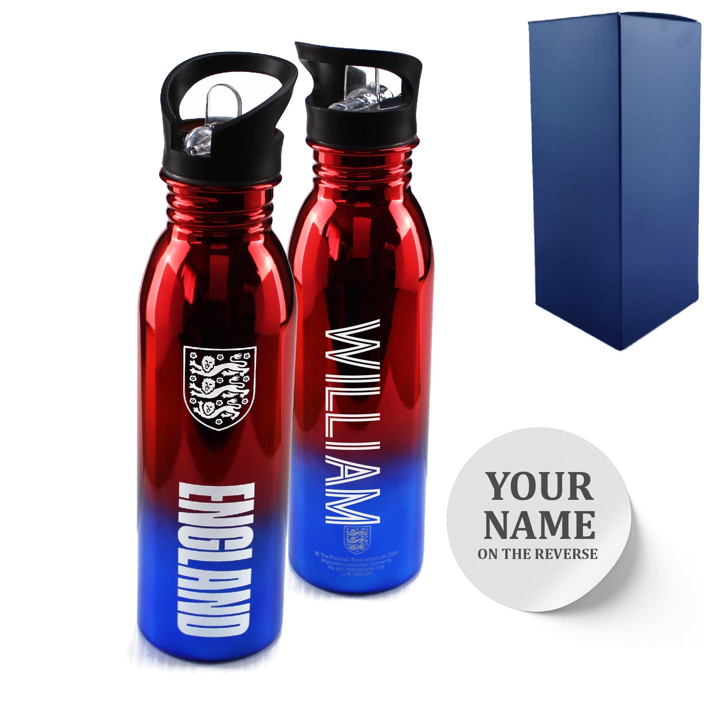 Official Printed England Metallic Water Bottle, Personalise Any Name, Gift Boxed