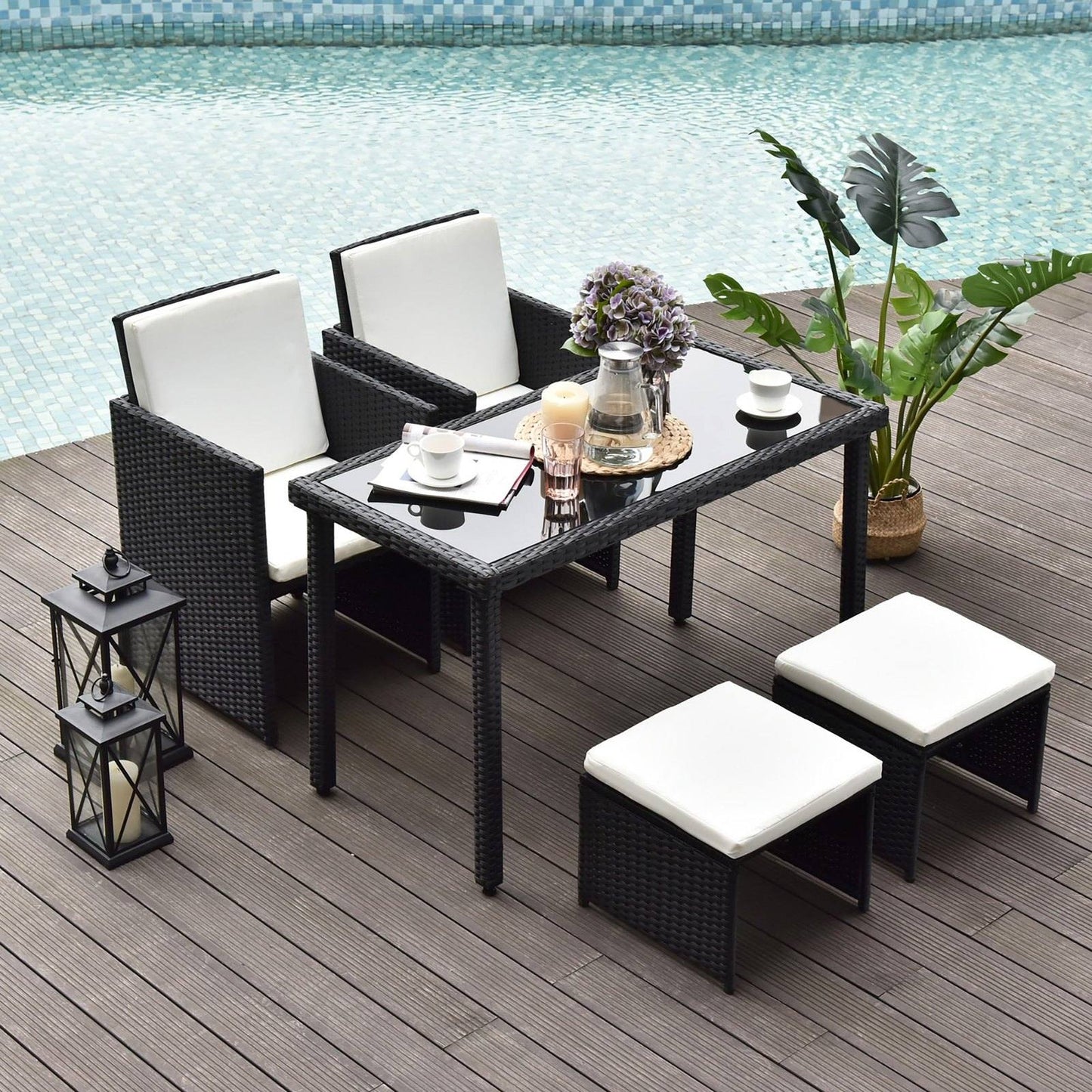 Outsunny 5 Pcs Rattan Garden Furniture Space-Saving Wicker Weave Sofa Set Conservatory Dining Table  Chair Footrest Cushioned Black