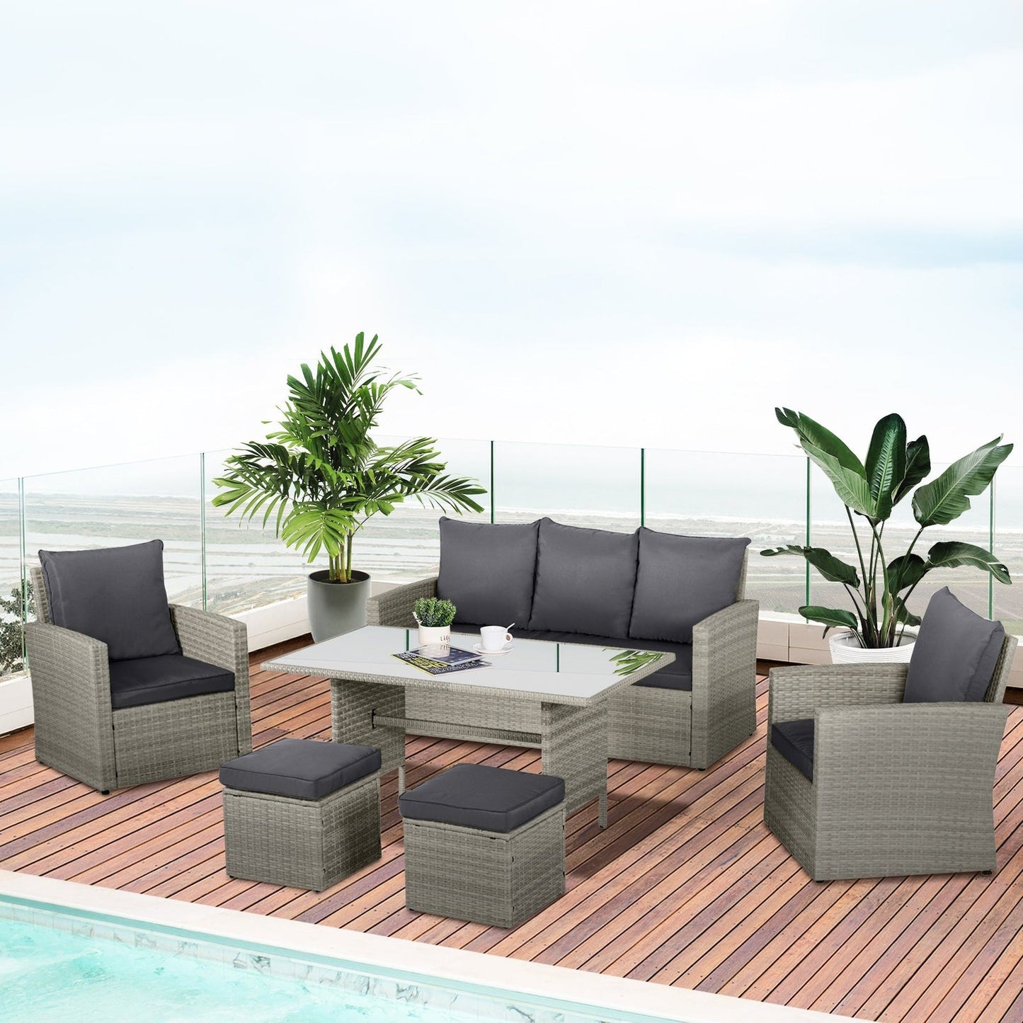 6-Pieces Outdoor PE Rattan Garden Furniture Set with Three-seat
