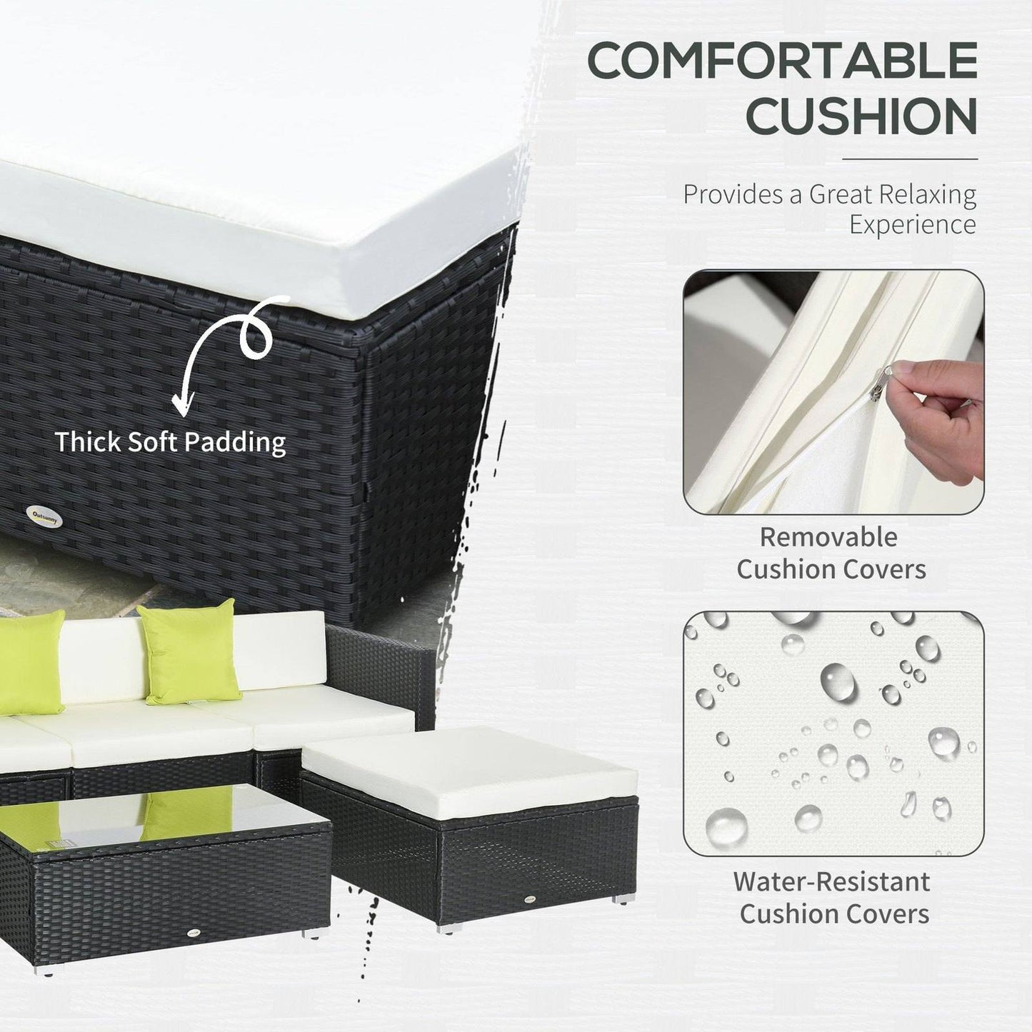 Outsunny 4-Seater Rattan Sofa Set  Garden Outdoor Sectional Sofa Coffee Table Metal Frame With cushion Pillows-Black