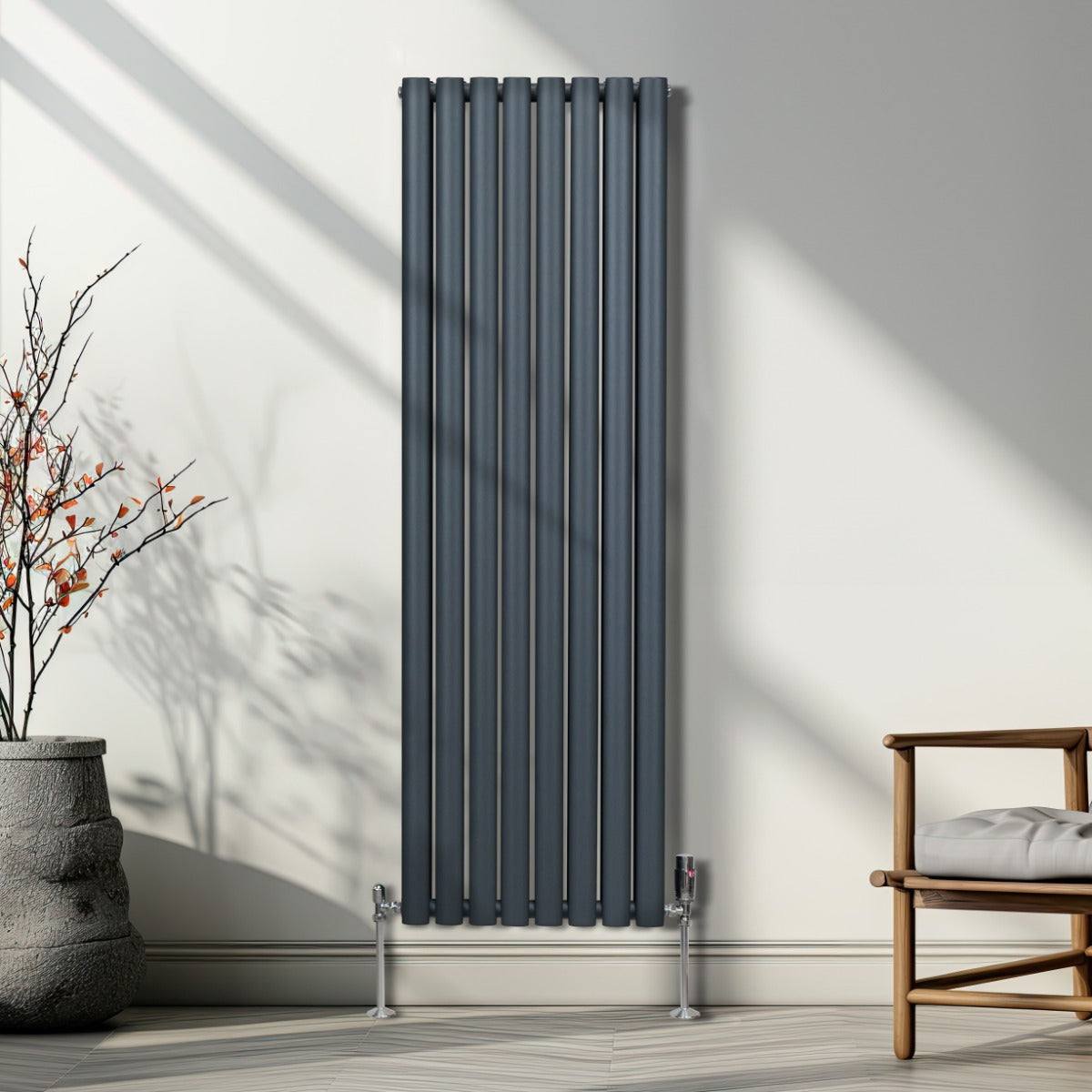 Oval Column Radiator & Valves - 1600mm x 480mm Anthracite Grey