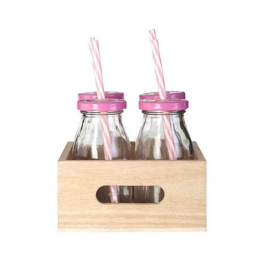 Pink Straws and Lids Glass Drinking Milk Bottles