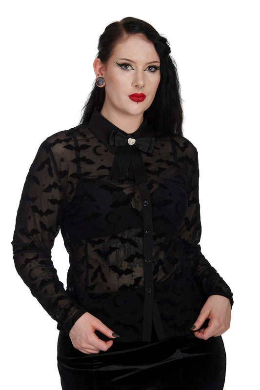 Banned Strangers Paradise Sheer Blouse with Bats, Stars and Moons Flocking - Size UK 22 Left Only!
