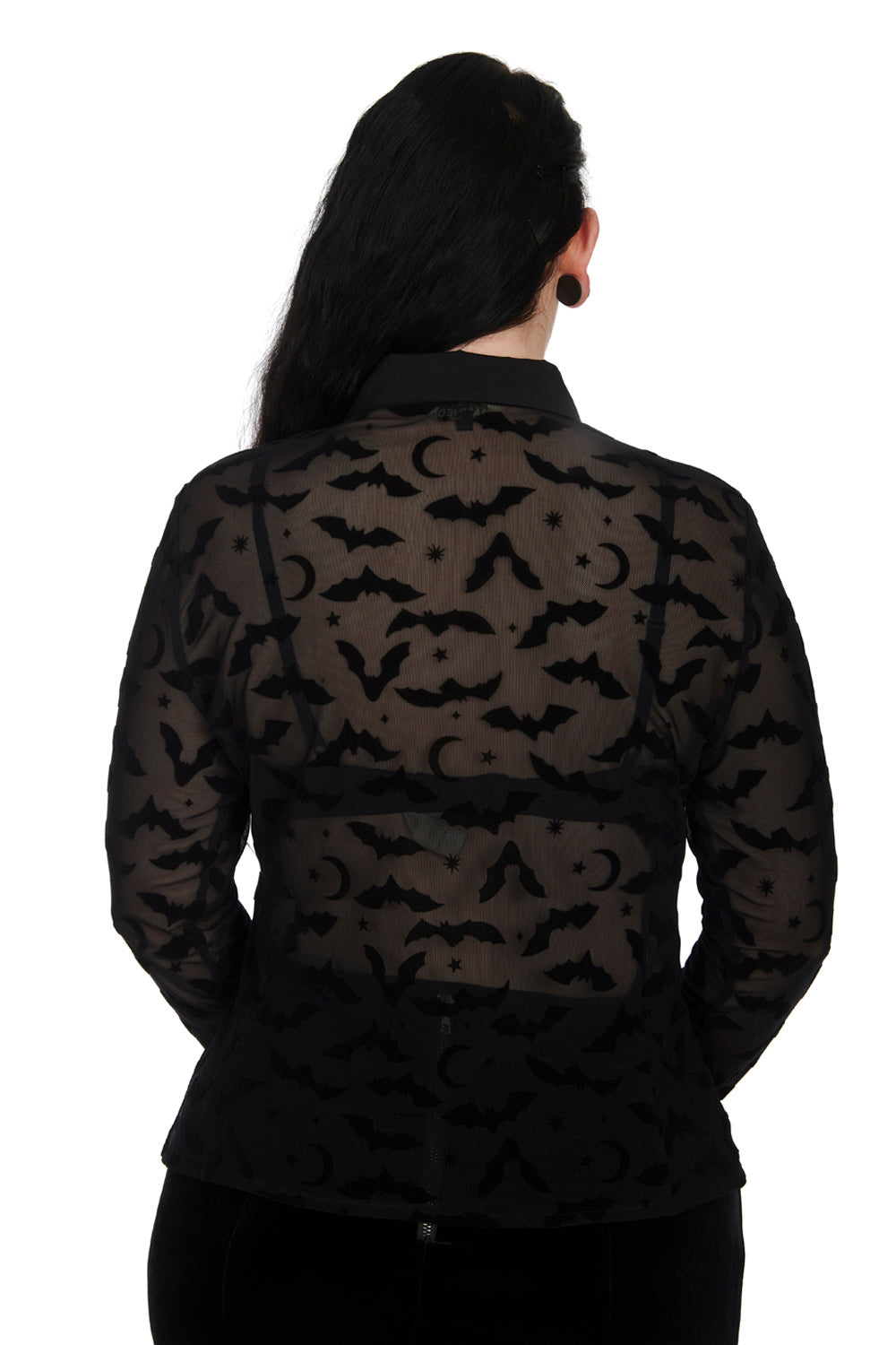Banned Strangers Paradise Sheer Blouse with Bats, Stars and Moons Flocking - Size UK 22 Left Only!