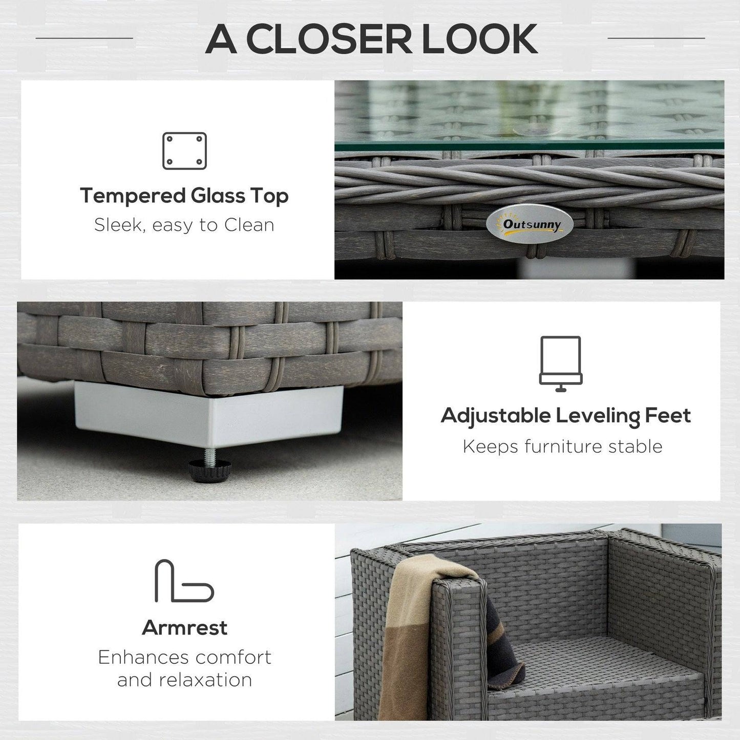 6-Piece Garden Rattan Sofa Set Bonzer Outdoor Furniture Patio Table Loveseat Stool Lounging Ottoman Aluminium Frame Wicker Weave Conservatory Grey