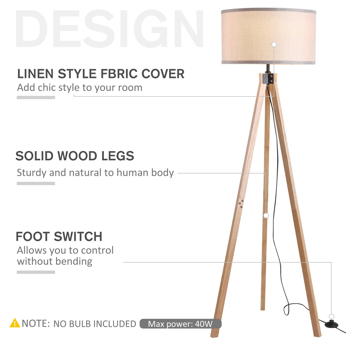 5Ft Elegant Wood Tripod Floor Lamp Free Standing E27 Bulb Lamp Versatile Use For Home Office - Beige