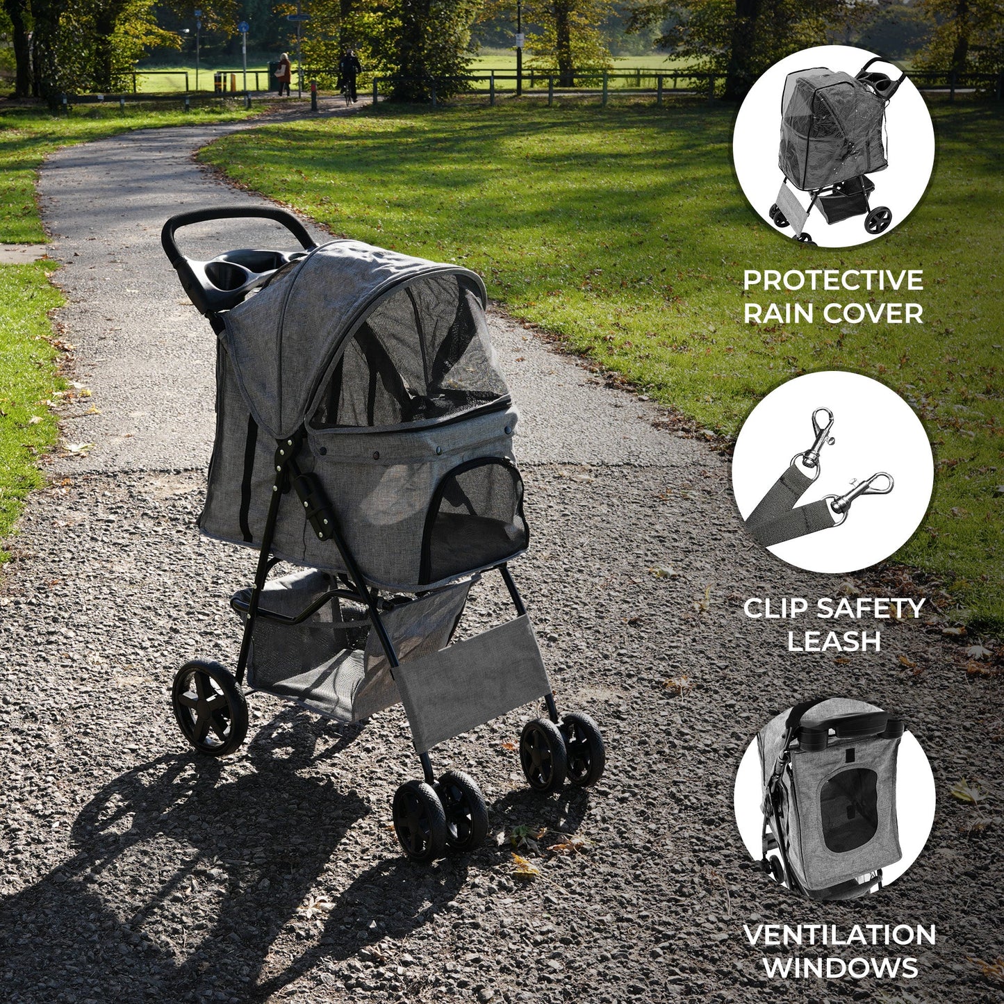 Pet Stroller with Rain Cover - Woven Grey