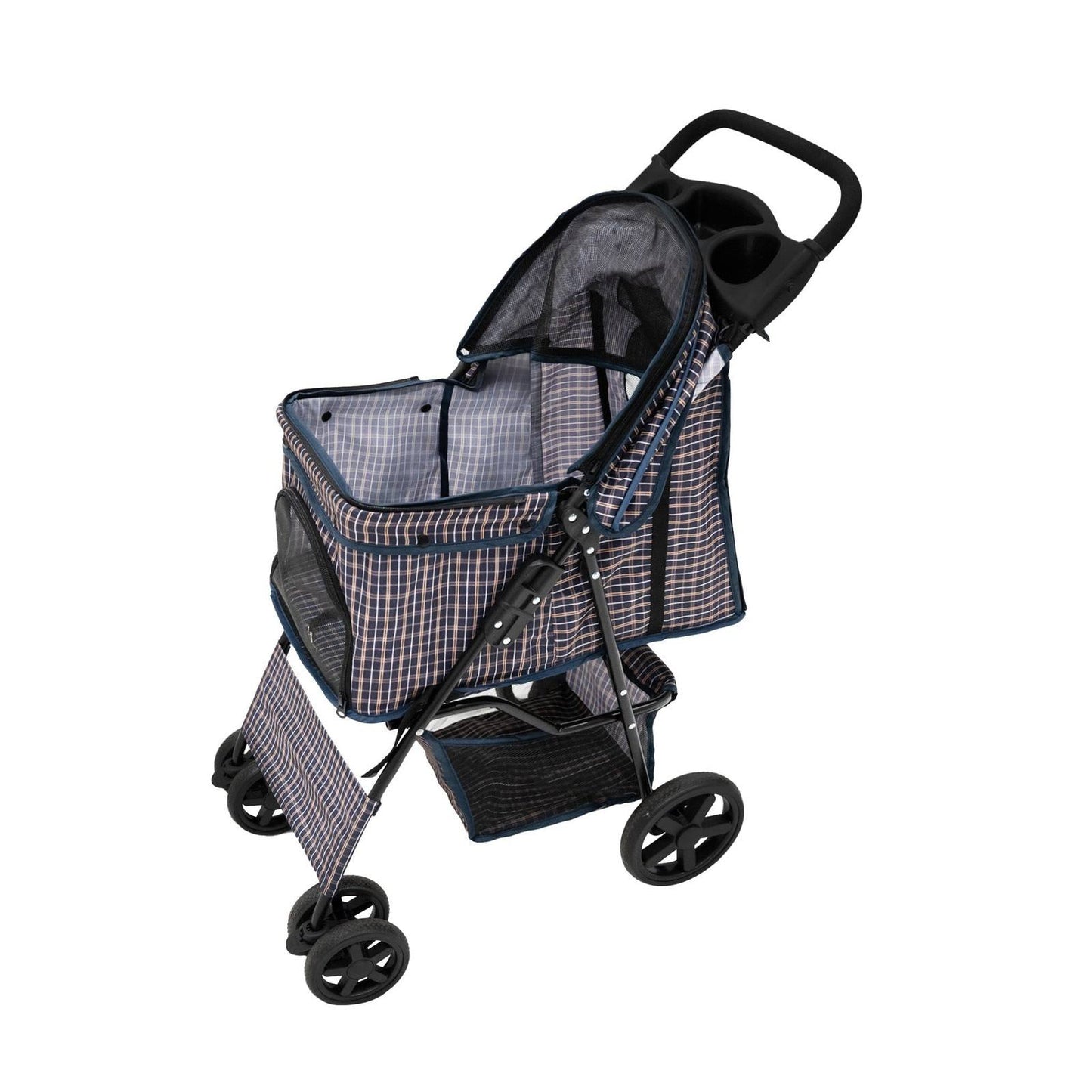 Pet Stroller with Rain Cover Blue Tartan